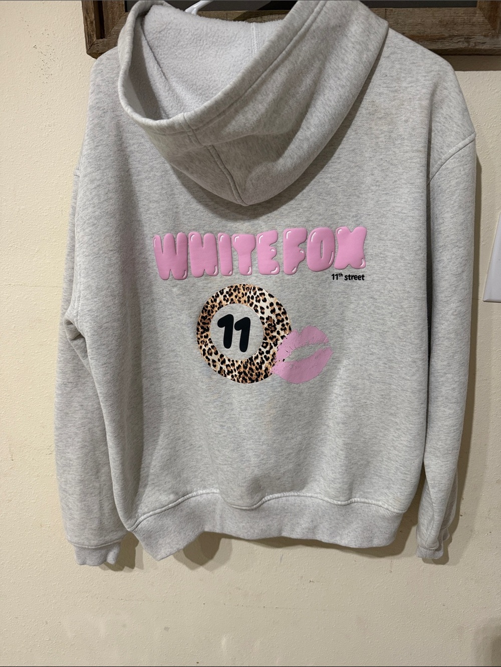 White Fox Boutique 11th Street Gray Hoodie with Pink Logo & Leopard Graphic